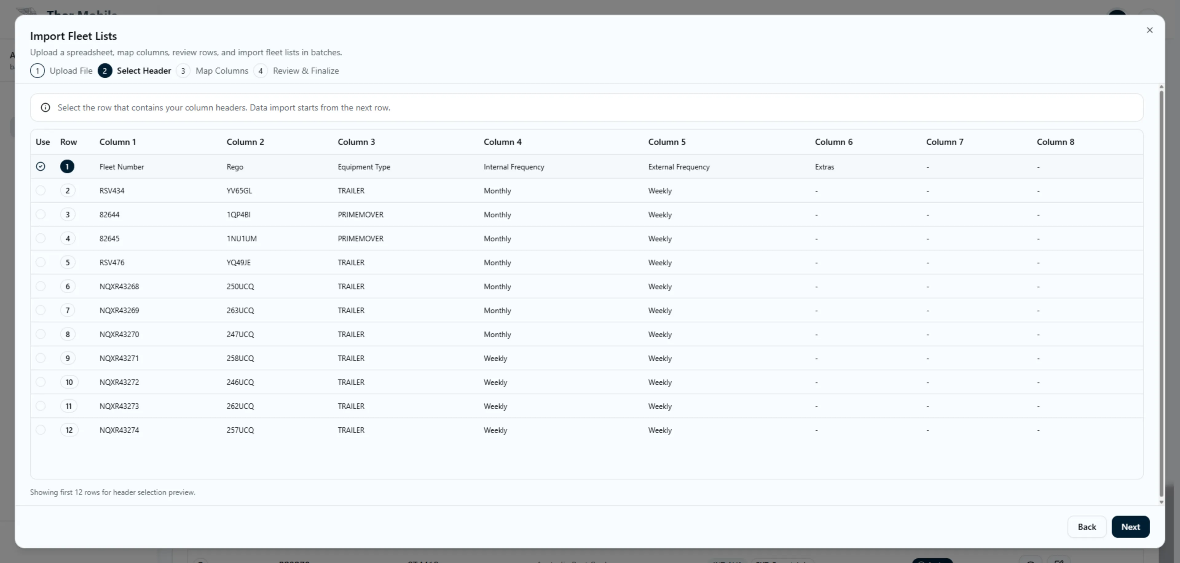 Bulk Import Fleet — Step 2 (Select Header)