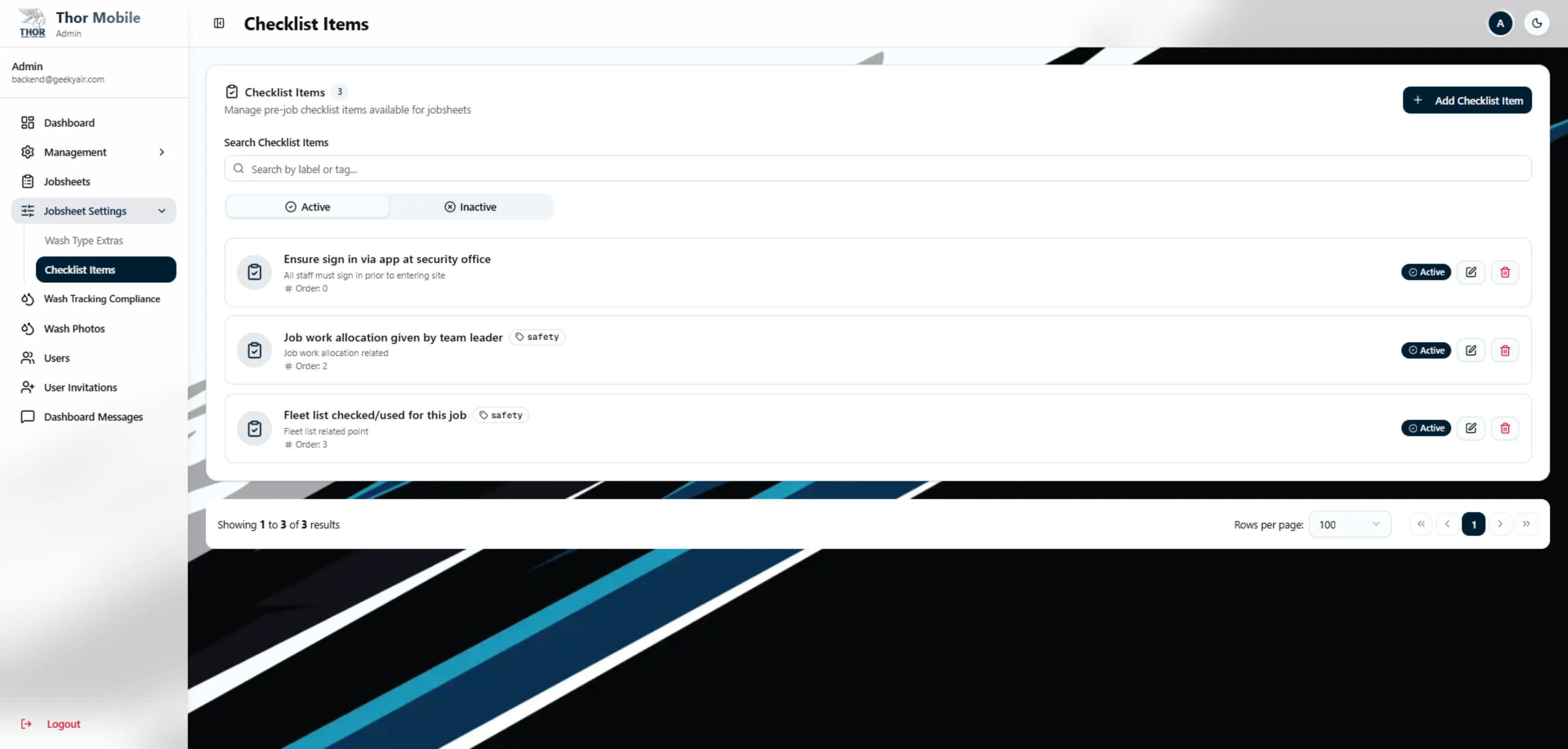 Jobsheet Settings — Checklist Items
