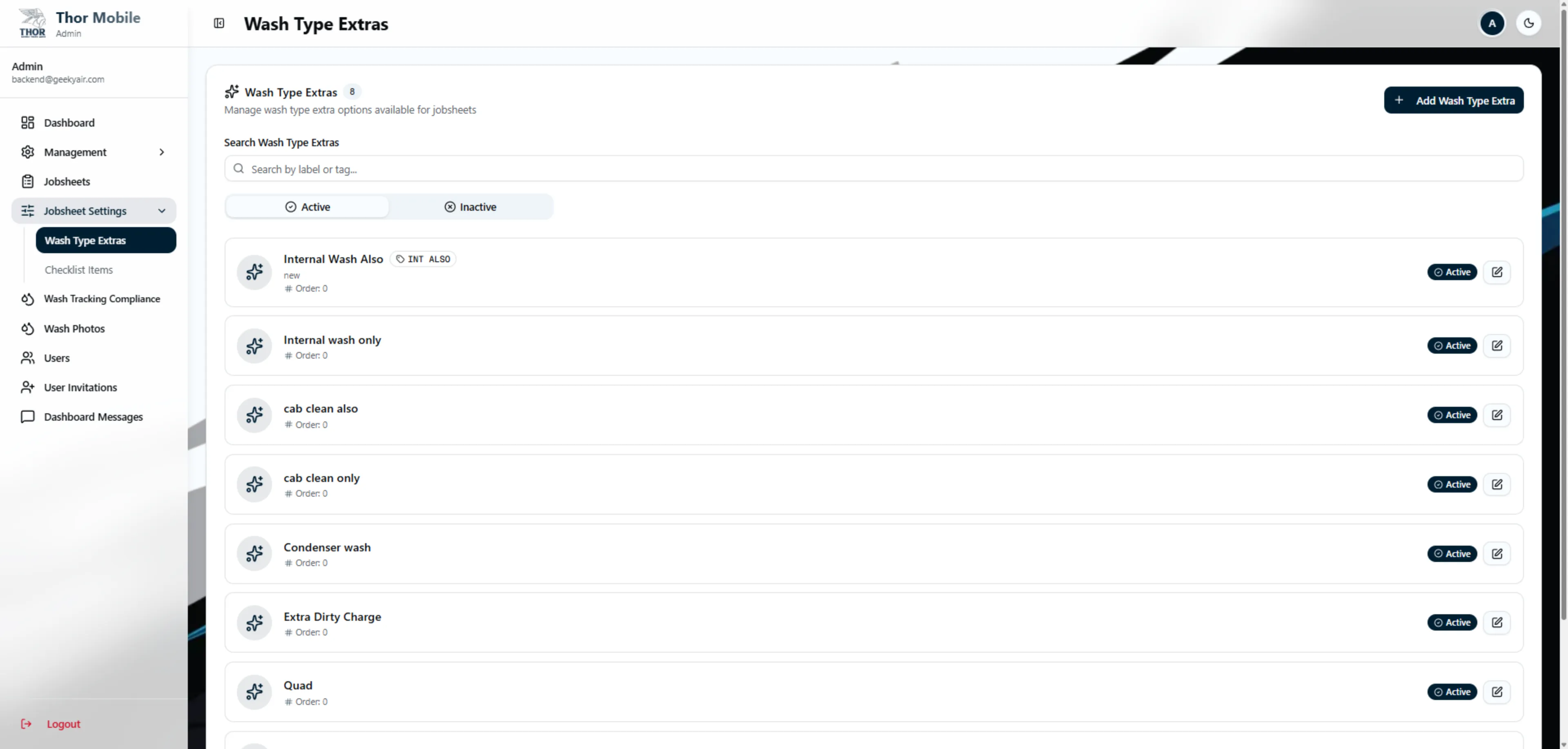 Jobsheet Settings — Wash Type Extras